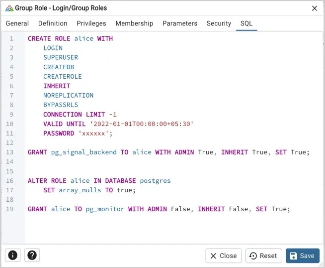 Role dialog sql tab